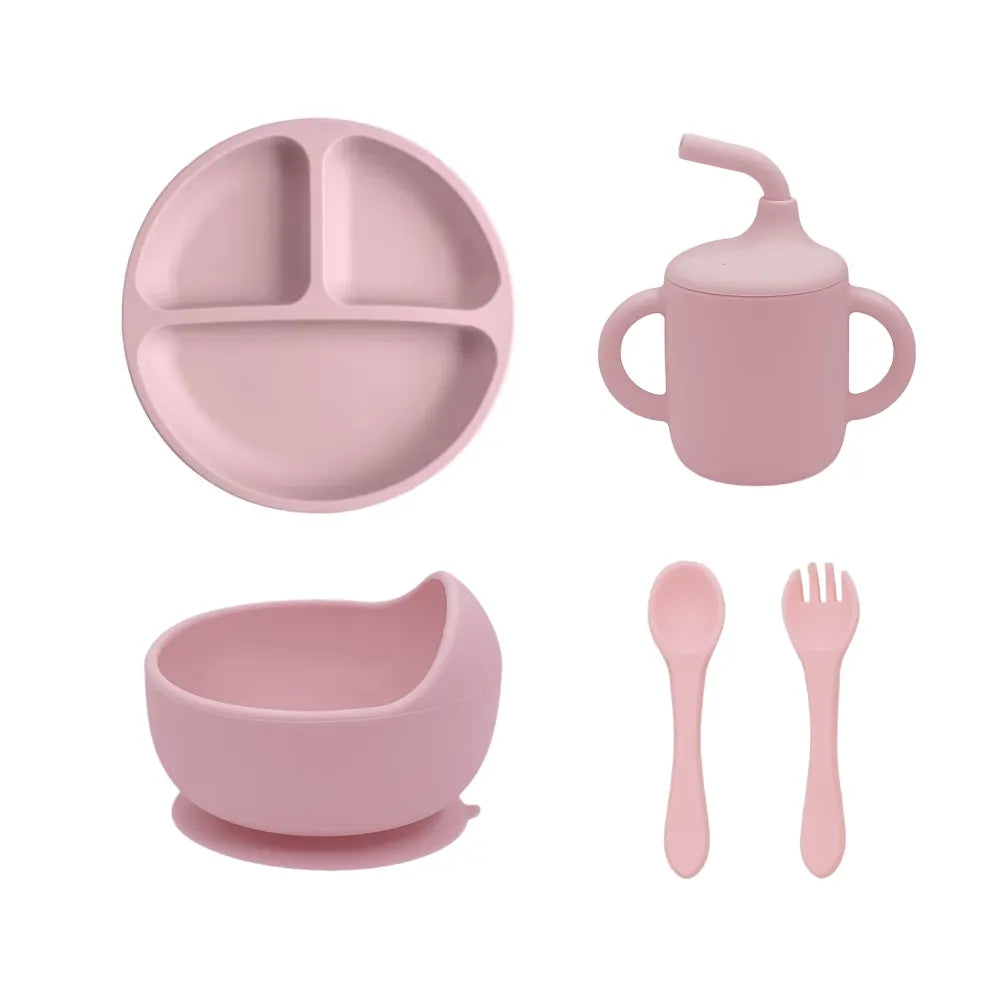 5pcs silicone baby feeding set BPA Free Sucker Bowl Dinning Dishes Plate Straw Cup Spoon Forks baby gift set