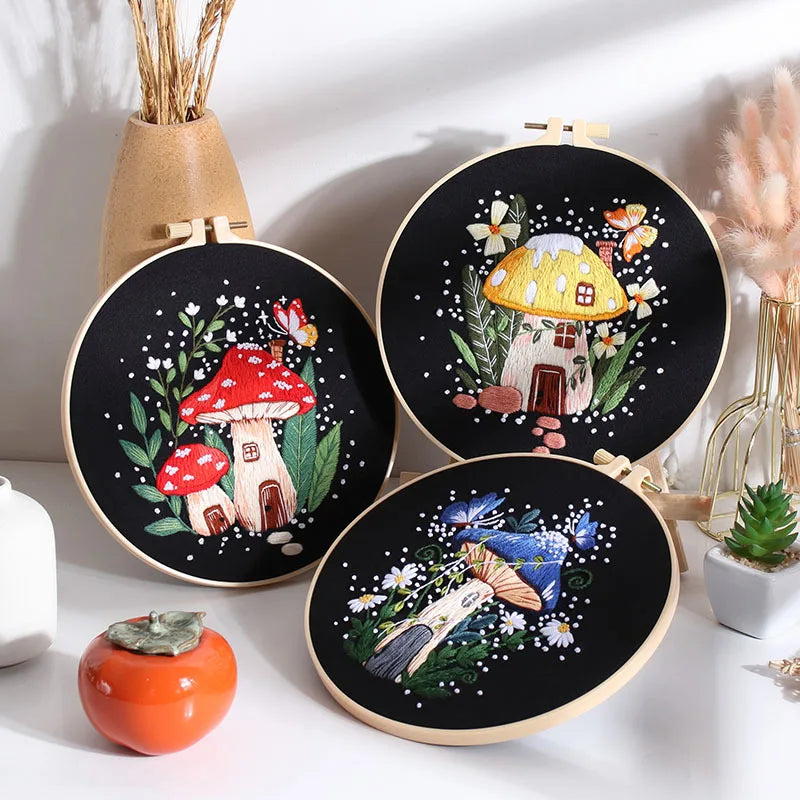 Mushroom Embroidery Kit for Beginners Pumpkin Cross Stitch Set DIY Adult Hand Needlepoint Set with Mushroom Pattern Needles