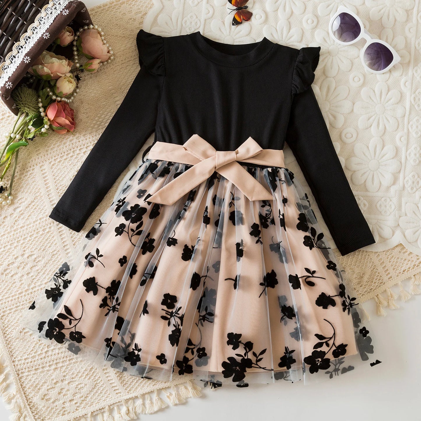 Black Rose Flower Ruffles Elegant Princess Dress