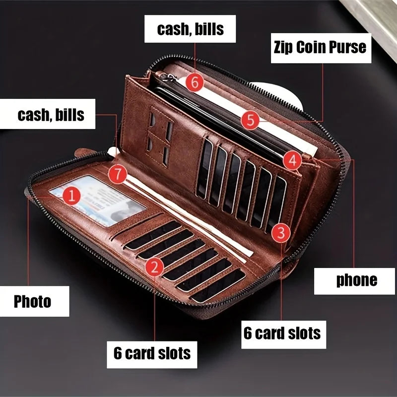 Men's Long Zipper High Quality Pu Leather Wallet