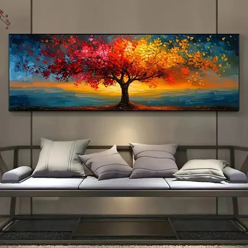 Large size Abstract Canvas Poster Red Yellow Tree of Life Wall Art Print Painting Pictures for Modern Living Room Bedroom Decor