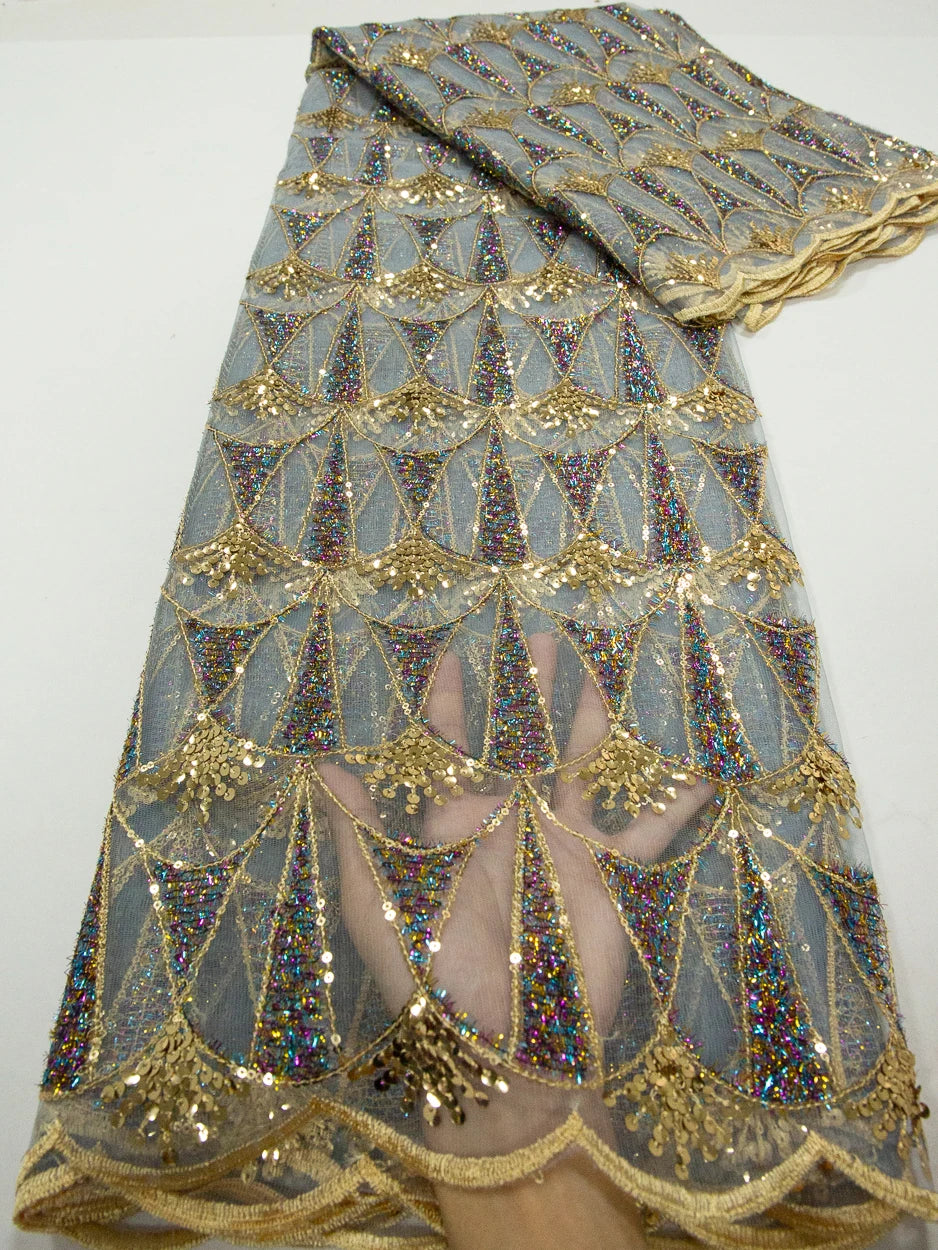 Kalume 2025 African Lace Fabric Sequins Nigerian Mesh Lace Fabric Sequins 5 Yards High Quality For Party Wedding Dress F3811