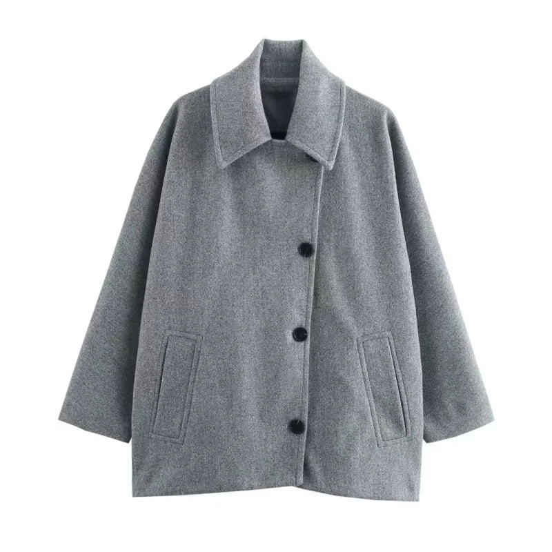 Women's Oblique Button Lapel Double Pocket Warm Jacket
