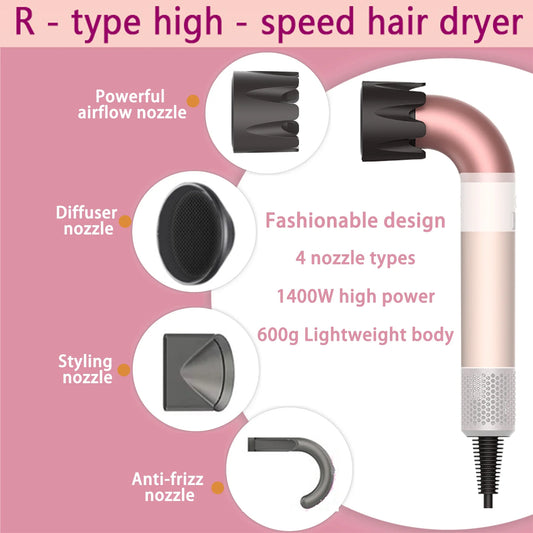 Hair dryer, 1400W high power, quick drying, lightweight body, low noise, comes with multiple types of air nozzles.