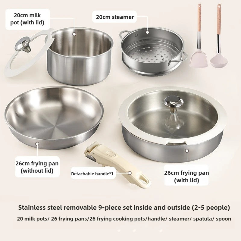 Stainless Steel Cookware Set Pots and Pans Set Detachable Handle 9pcs Induction Kitchen Cookware Sets Dishwasher Oven Safe