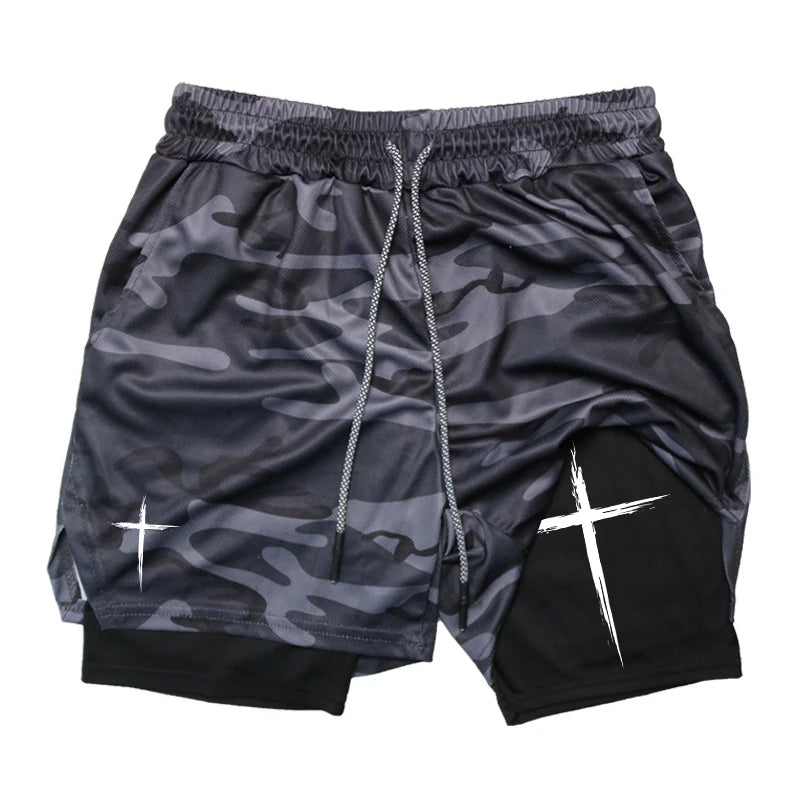Men's Cross Print 2 in 1 Performance Shorts with Phone Pocket