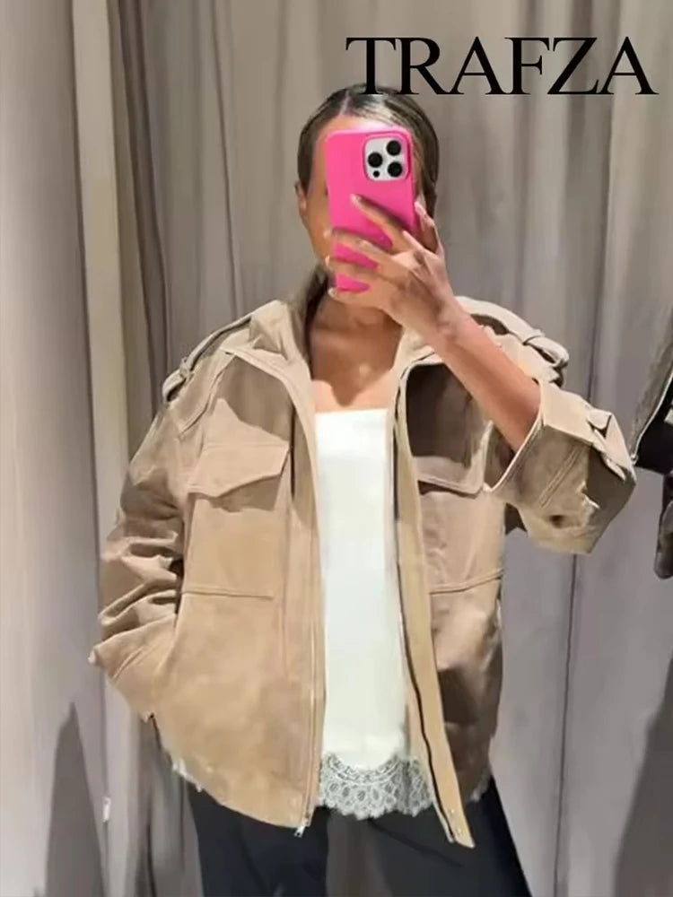 Women Suede Zipper Loose Coat
