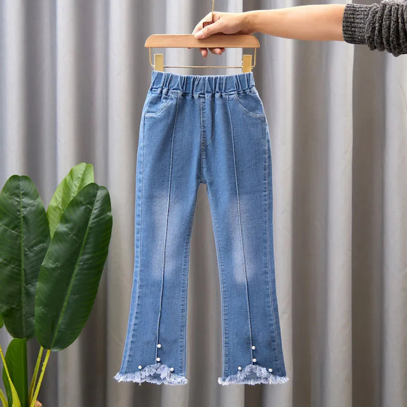 Elastic Leisure Bow Denim Children Flared Pants