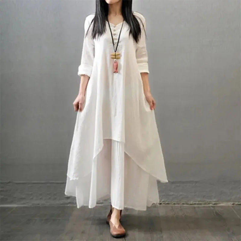 Loose Long Sleeve Cotton Artistic Style Two-Piece Gown