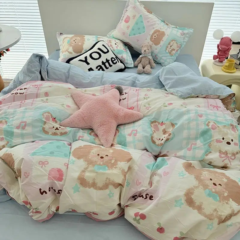 Bear Floral Bed Sheet Cover Pillowcases