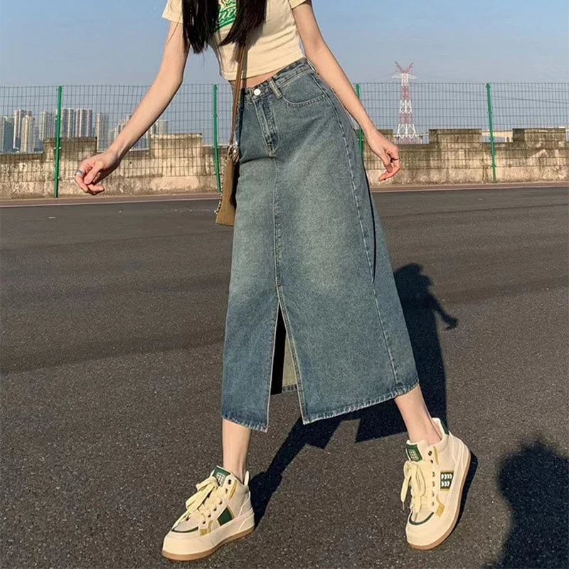 New Slit Denim Hip-covering Straight Long Skirt
