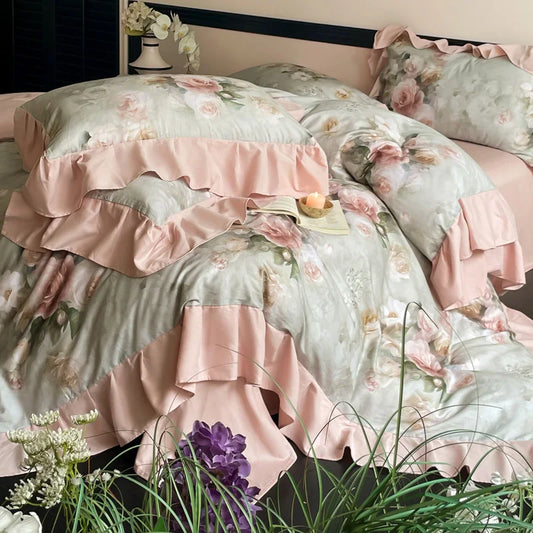 Vintage French Rose Flowers Prints Ruffles Bedding Set 100% Cotton Brushed Fabric Duvet Cover Set Bed Sheet Pillowcases 4Pcs