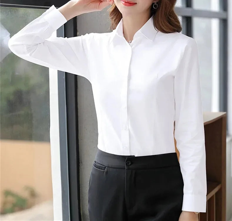 Elegant White Office Shirt Long Sleeve Blouse