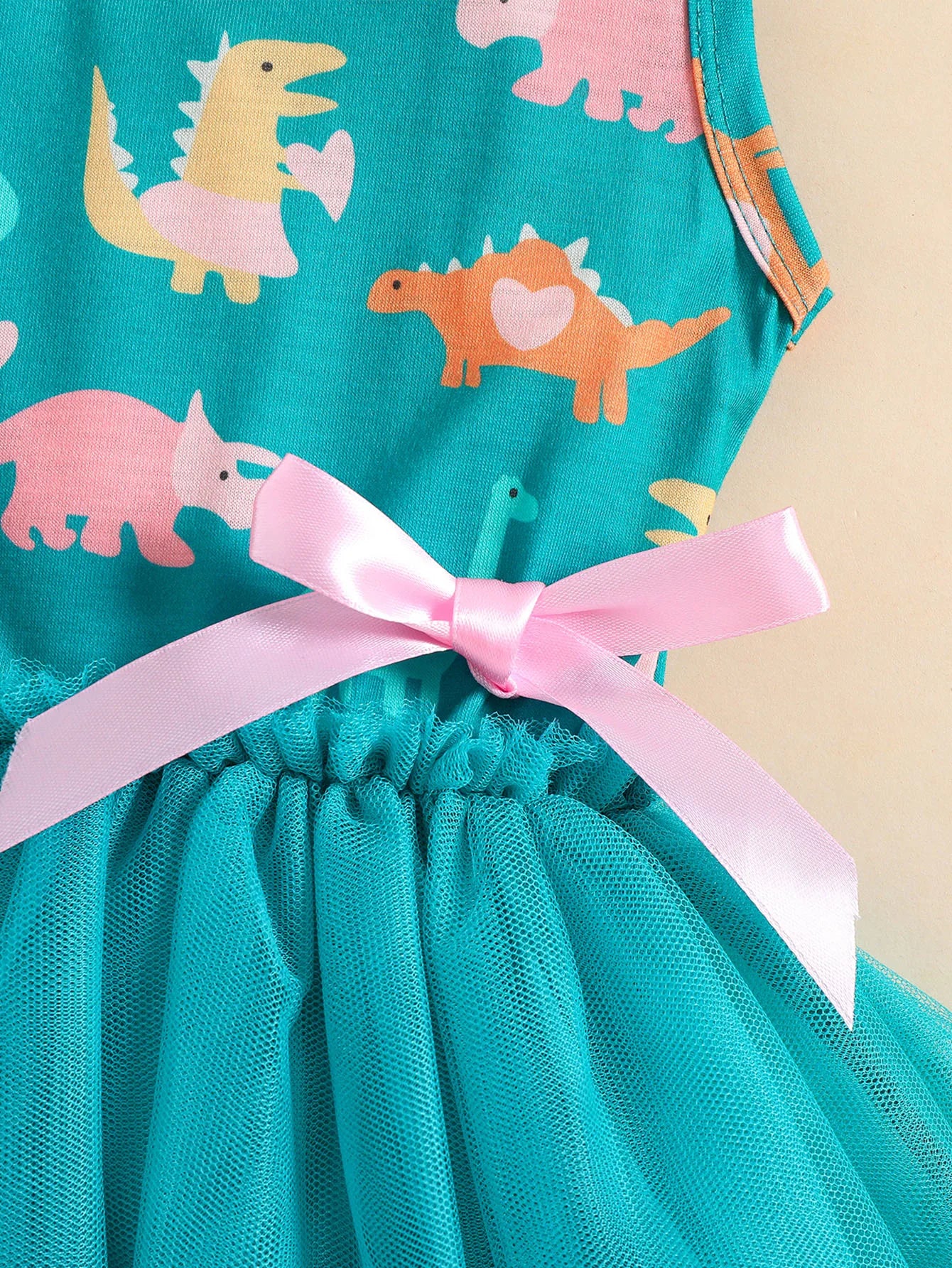 Princess Dinosaur Print Mesh Dress For Kids