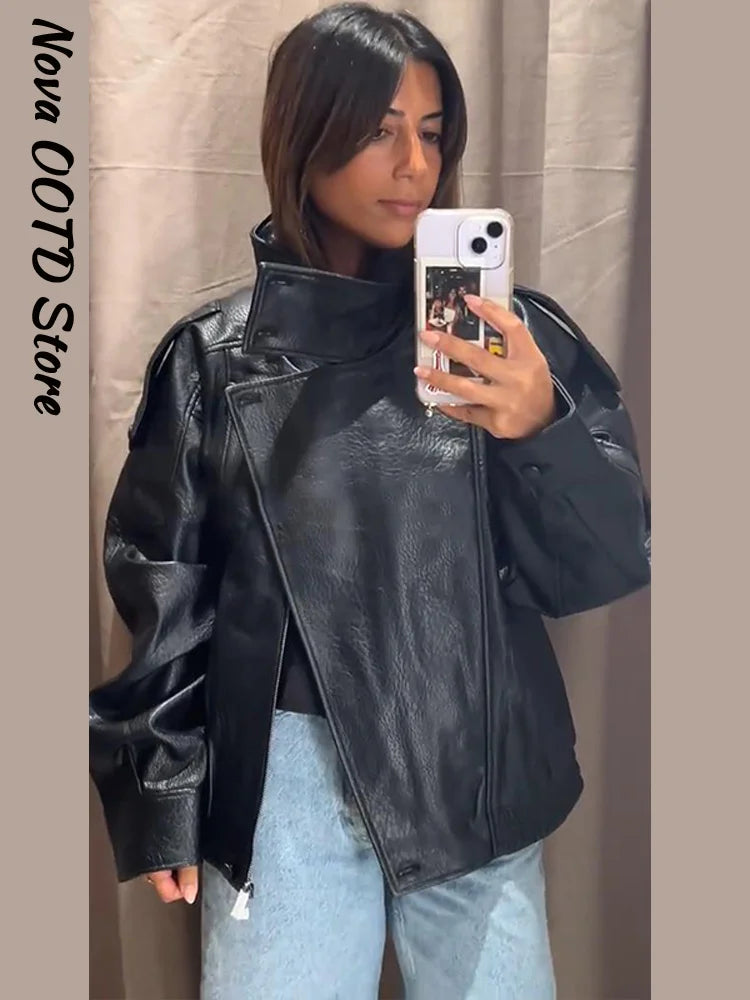 Short Leather Jacket Zipper, Lapel Belt Coat for women