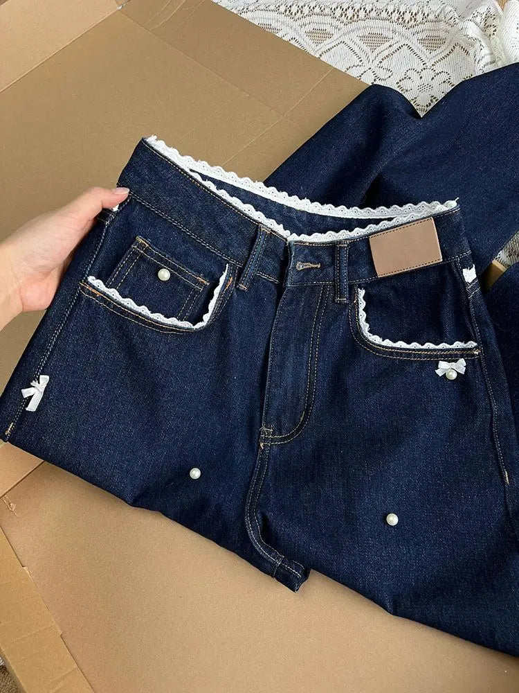 Lace Patchwork Jeans With Bow Design Pants For Women