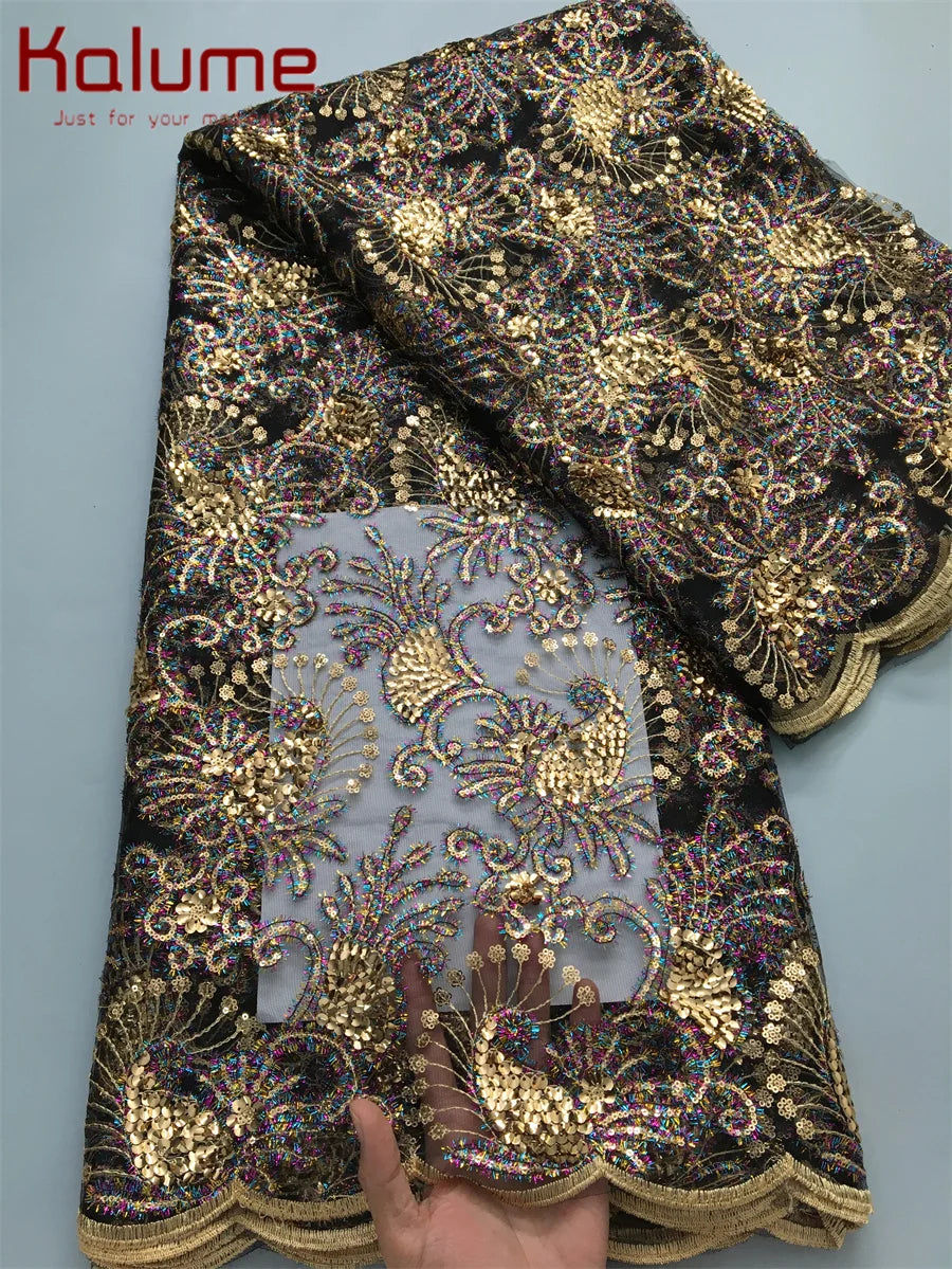 Kalume 2025 African Lace Fabric Sequins Nigerian Mesh Lace Fabric Sequins 5 Yards High Quality For Party Wedding Dress F3811