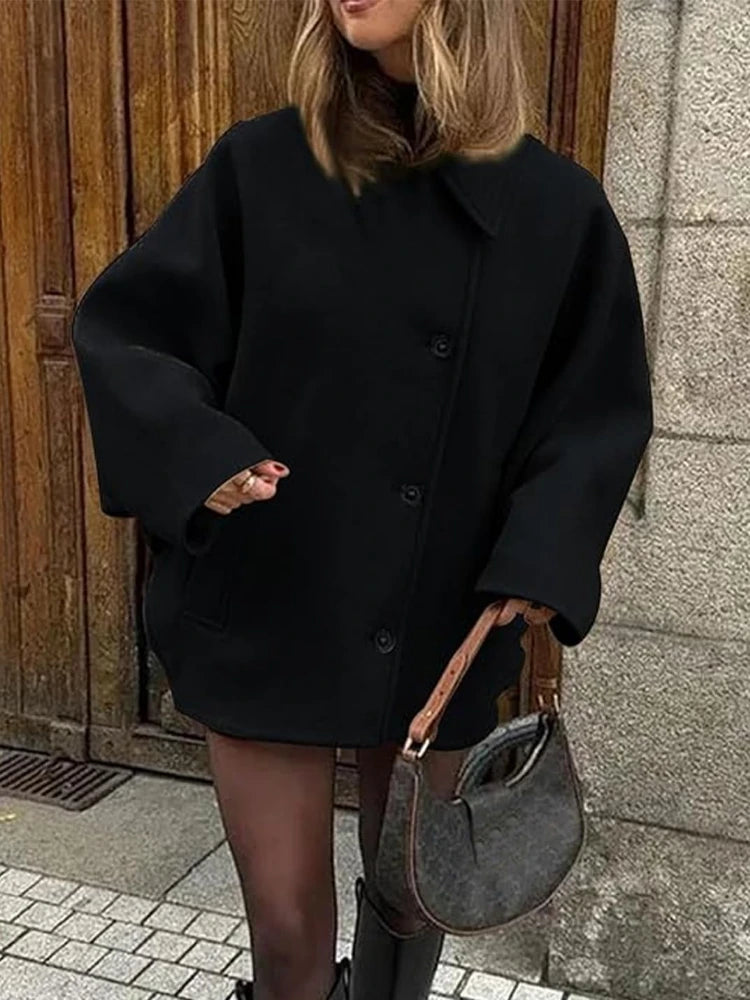 Women's Oblique Button Lapel Double Pocket Warm Jacket