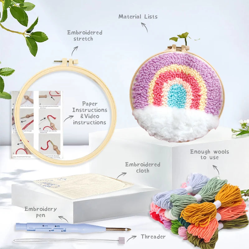20cm Punch Embroidery Starter Kits Children's hand embroidery kit Beginners DIY Needlework Wool Punch Needle Poke Embroidery Kit