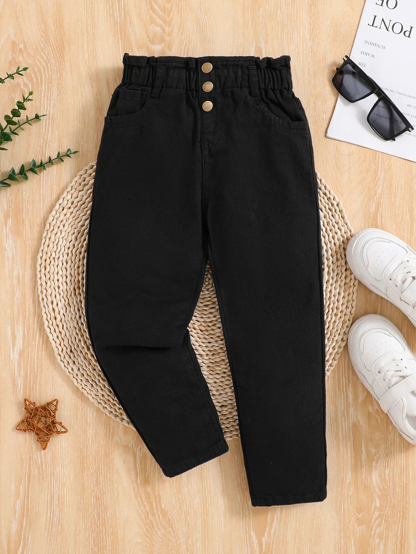 Copper buckle denim cotton pants
