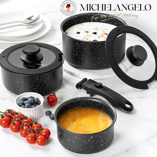 MICHELANGELO 6pcs/set Sauce Pan Set with Removable Handles 1Qt & 2 Qt & 3Qt Non Toxic Milk Pot Camping Stackable Cookware Set
