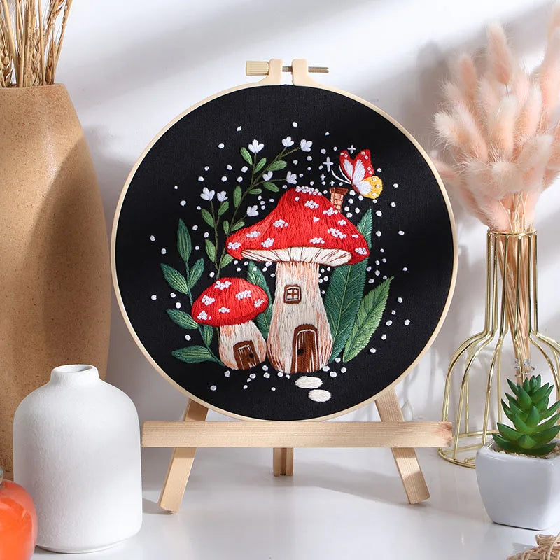 Mushroom Embroidery Kit for Beginners Pumpkin Cross Stitch Set DIY Adult Hand Needlepoint Set with Mushroom Pattern Needles