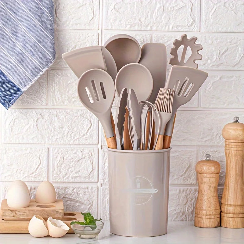 12Pcs Silicone Cooking Utensils Set For Handle Non Stick Pot Kitchenware Set Storage Bucket Resistant Accessoires kitchenware