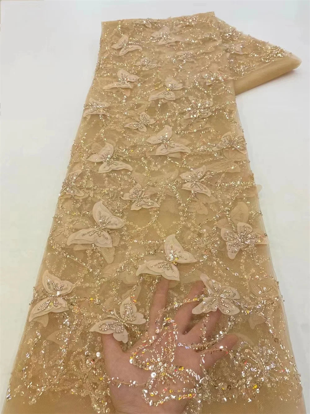 African Heavy Beaded Lace Fabric 2025 High Quality 5 Yards Nigerian Sequins Tulle 3D Fabric Material For Wedding