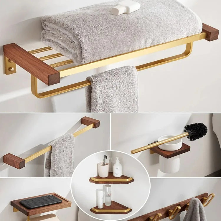 Walnut Wood Brushed Gold Bathroom Hardware Set