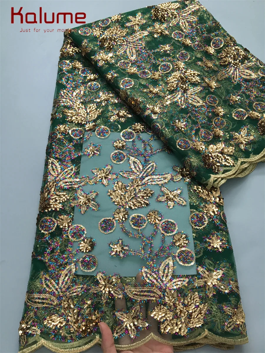 Kalume 2025 African Lace Fabric Sequins Nigerian Mesh Lace Fabric Sequins 5 Yards High Quality For Party Wedding Dress F3811