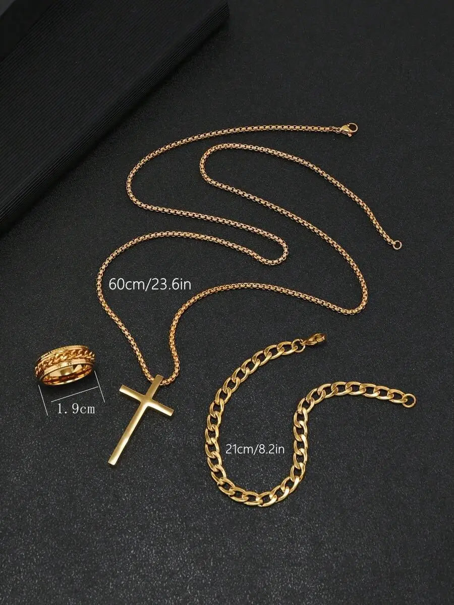 Dark Cross Block Necklace Pendant Bracelet Ring Set