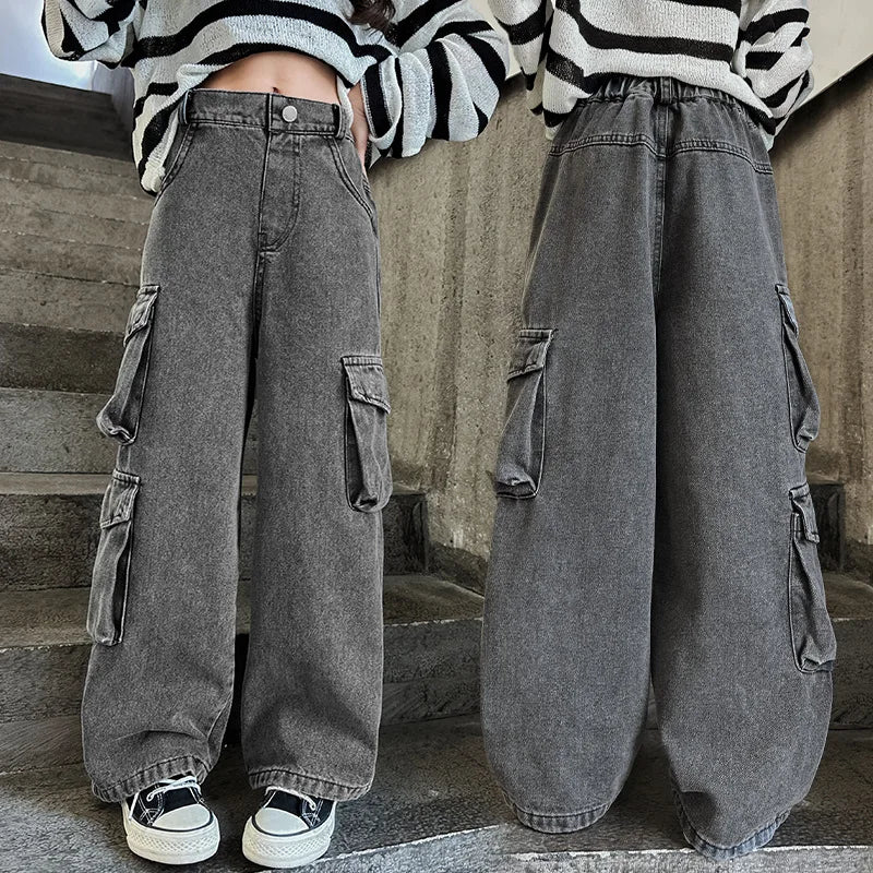 Kids Casual Denim Straight Baggy Trousers