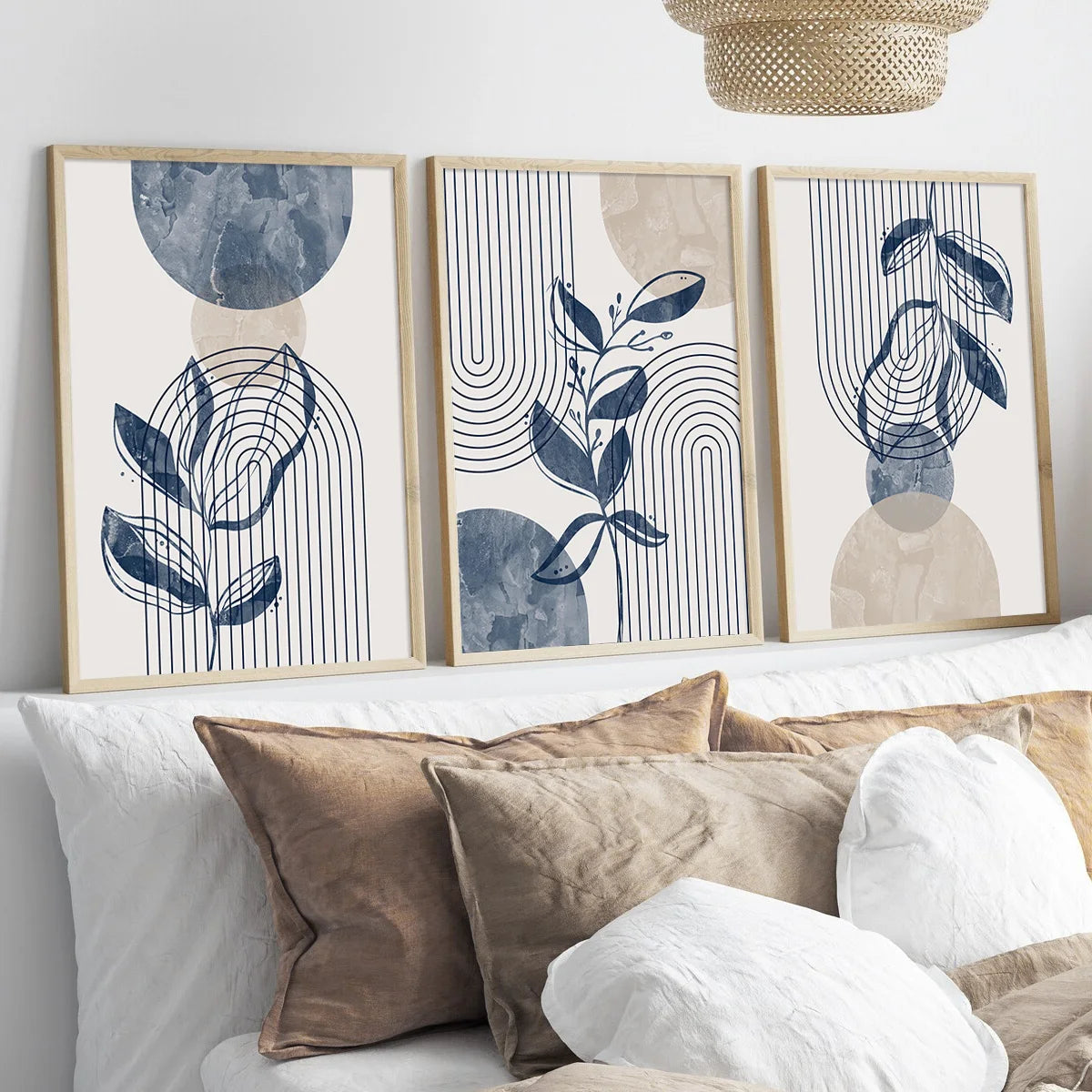 Set of 3 Bohemian Navy Blue Beige Abstract Geometric Lines Plant Wall Art Prints, Bohemian Plant Geometric Print Posters, Medieval Prints, Ideal Gifts for Bedroom and Living Room Corridors, Wall Art, Wall Decoration, Room Dec