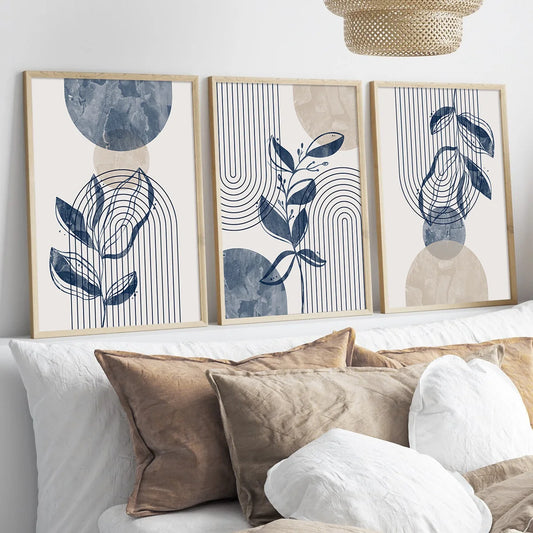 Set of 3 Bohemian Navy Blue Beige Abstract Geometric Lines Plant Wall Art Prints, Bohemian Plant Geometric Print Posters, Medieval Prints, Ideal Gifts for Bedroom and Living Room Corridors, Wall Art, Wall Decoration, Room Dec