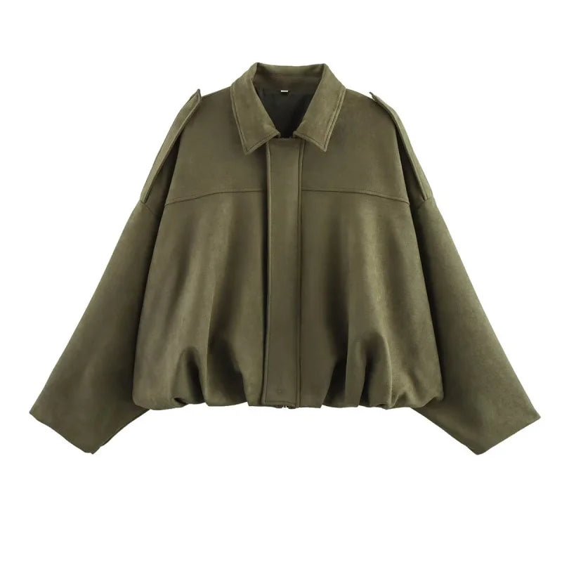 women's suede texture lapel shoulder bomber jacket