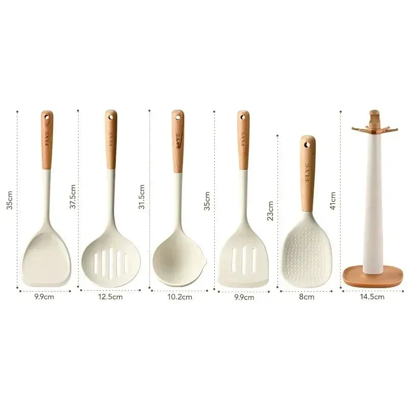 Silicone kitchenware set, durable hardwood handle, heat resistant tools, non-stick pan long handle porridge spoon Sieve Spatula