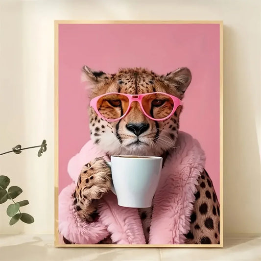 Charming Cheetah Drink Coffee Canvas Art Print,Frameless Poster, Perfect for Animal Lovers, Wall Decor for Home, Office, Cafe
