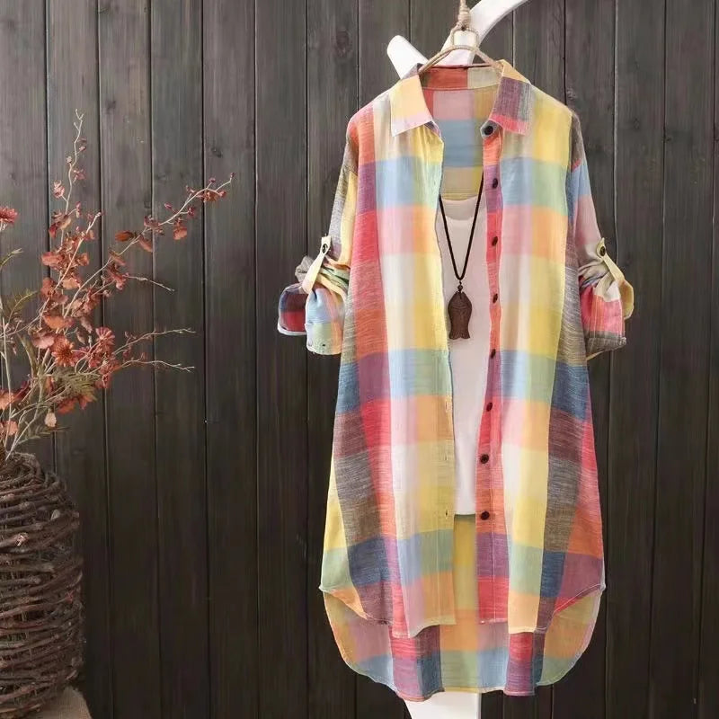 Women's Plaid Cotton Shirt Chic Women Elegant Blouse