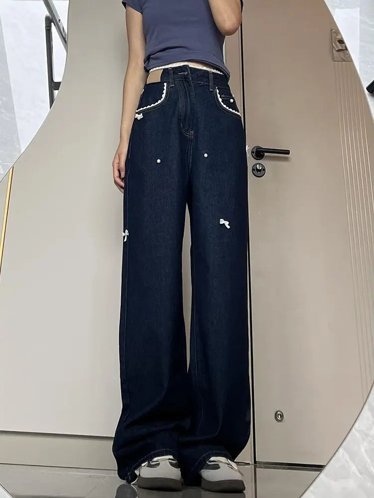 Lace Patchwork Jeans With Bow Design Pants For Women