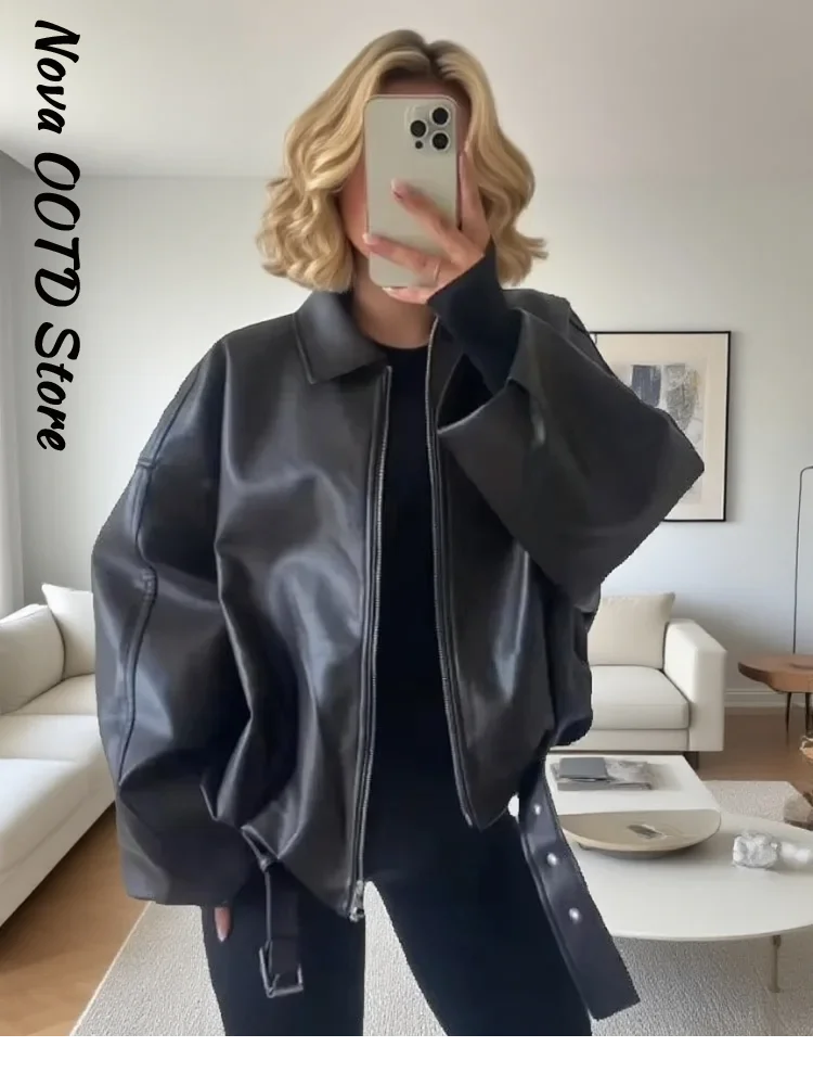 Short Leather Jacket Zipper, Lapel Belt Coat for women