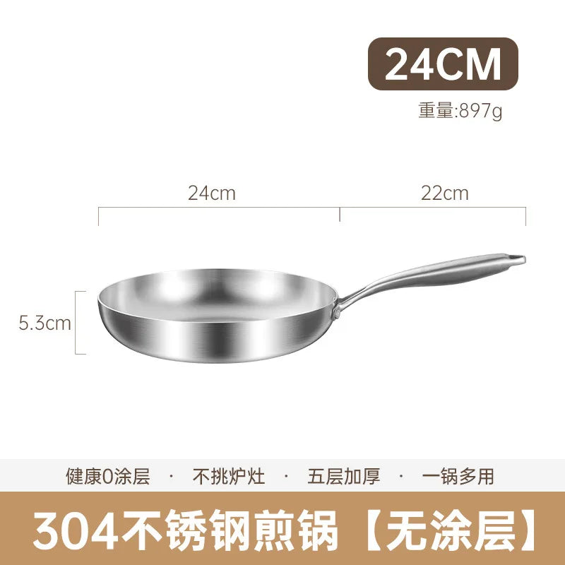 304 Stainless Steel Non Stick Pan for Frying Steak Uncoated Kitchen Cookware Suitable for Gas Stoves and Induction Cookers