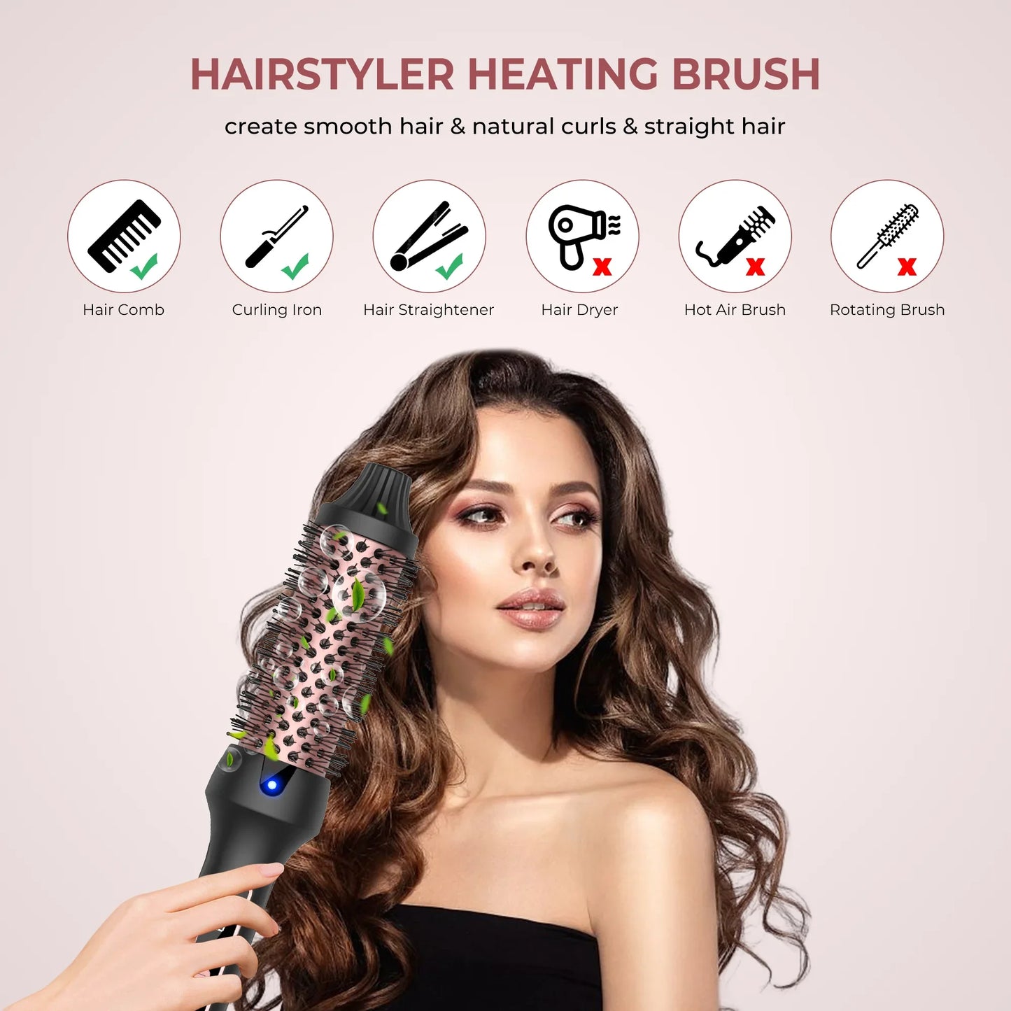 Heated Styling Brush 3-in-1 Ionic Hair Curler/Straightener with Anti-Scald Electric Curl Wand Curling Iron Hair Styling Tools