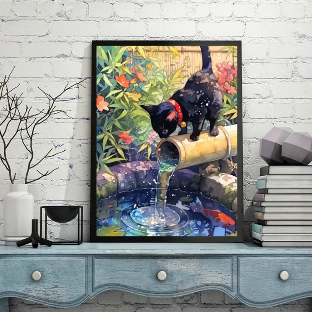 HUACAN 5D DIY Diamond Mosaic Bamboo Water Cat Animal Full Square Round Diamond Painting Kits Living Room Art Craft