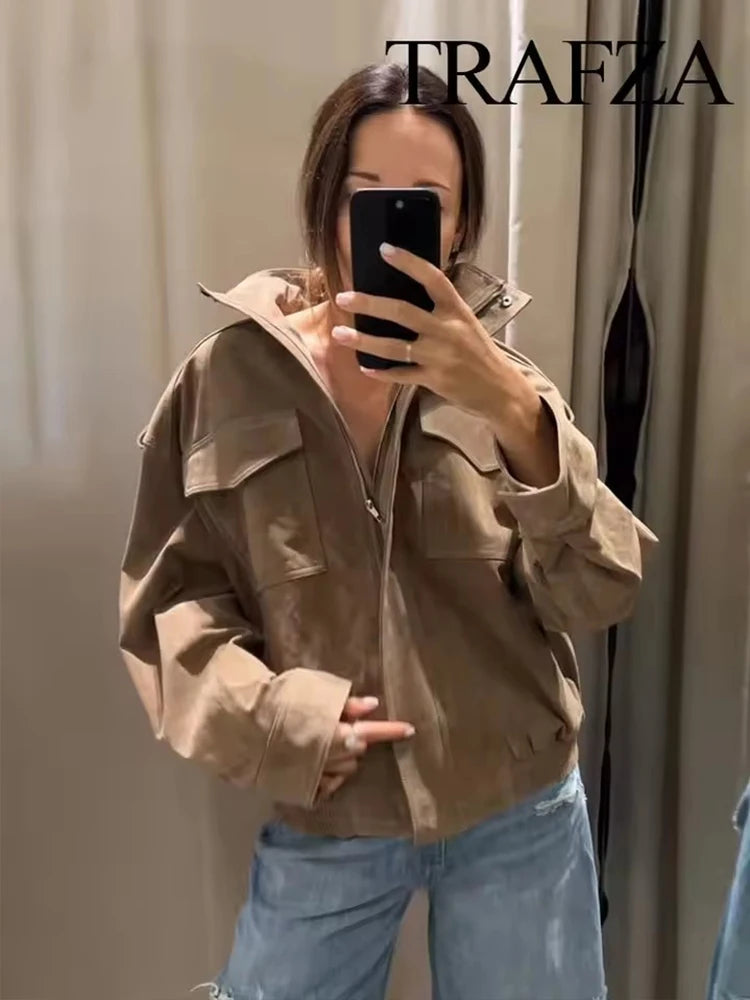Women Suede Zipper Loose Coat