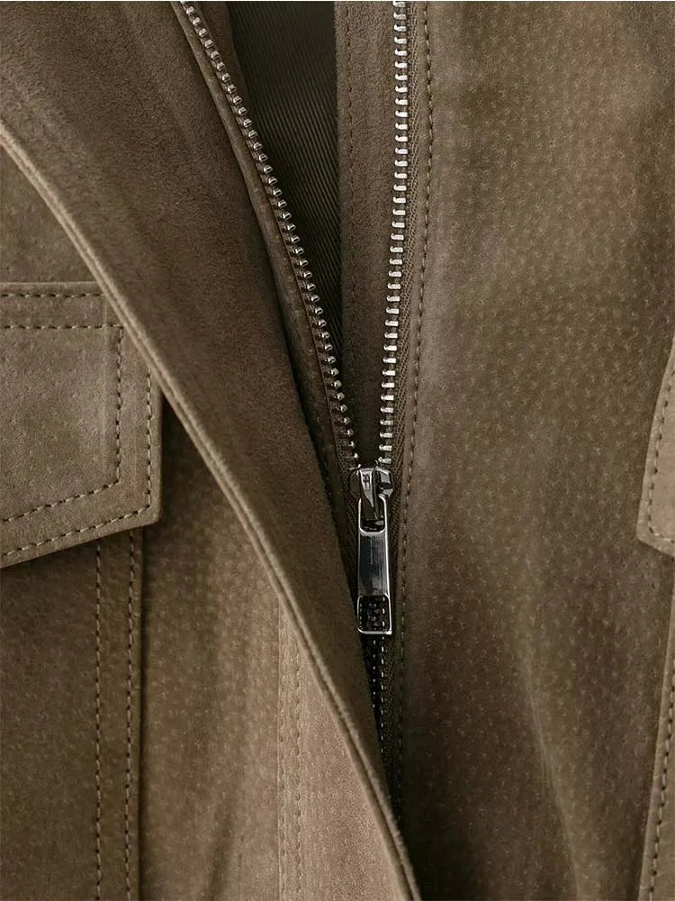 Women Suede Zipper Loose Coat