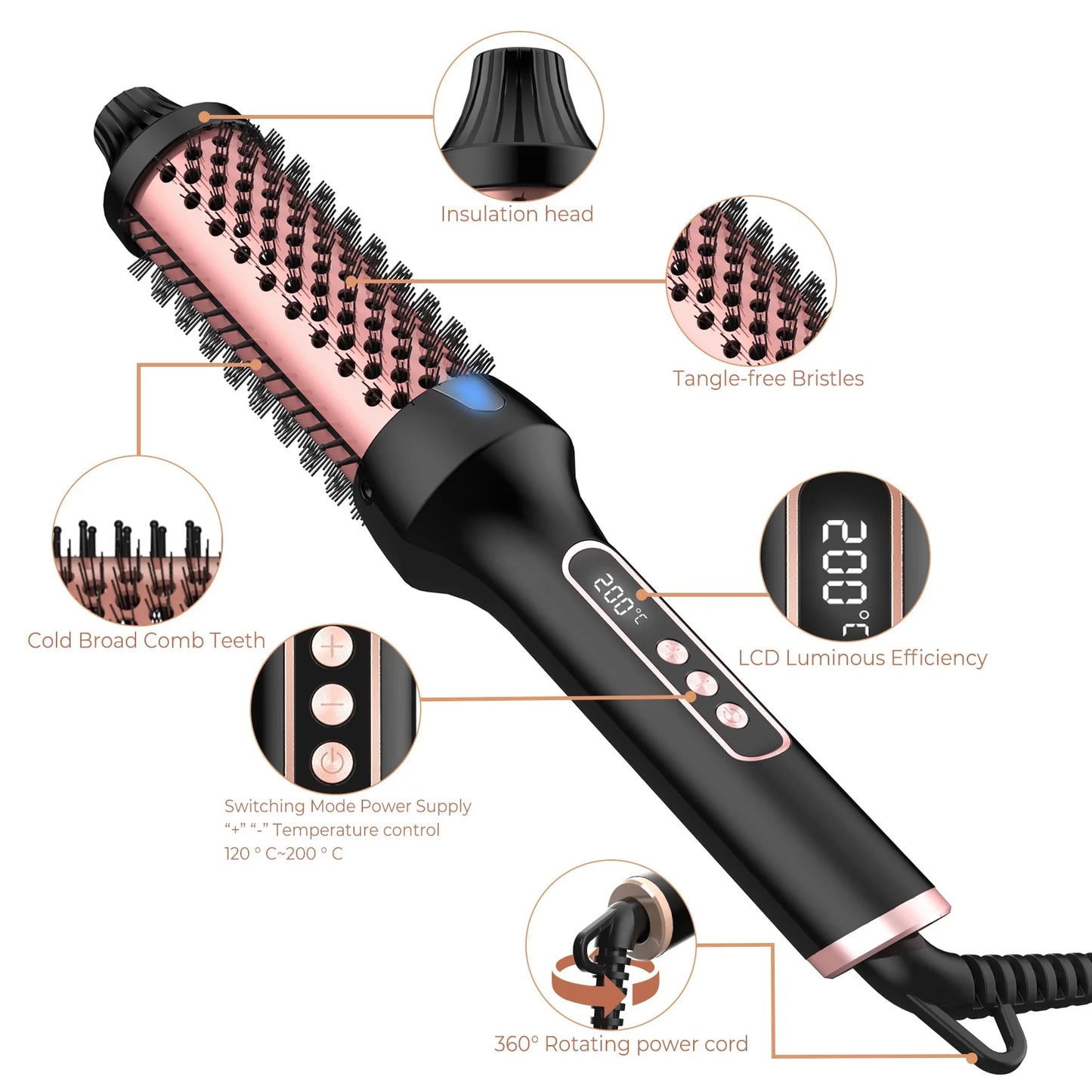 Heated Styling Brush 3-in-1 Ionic Hair Curler/Straightener with Anti-Scald Electric Curl Wand Curling Iron Hair Styling Tools