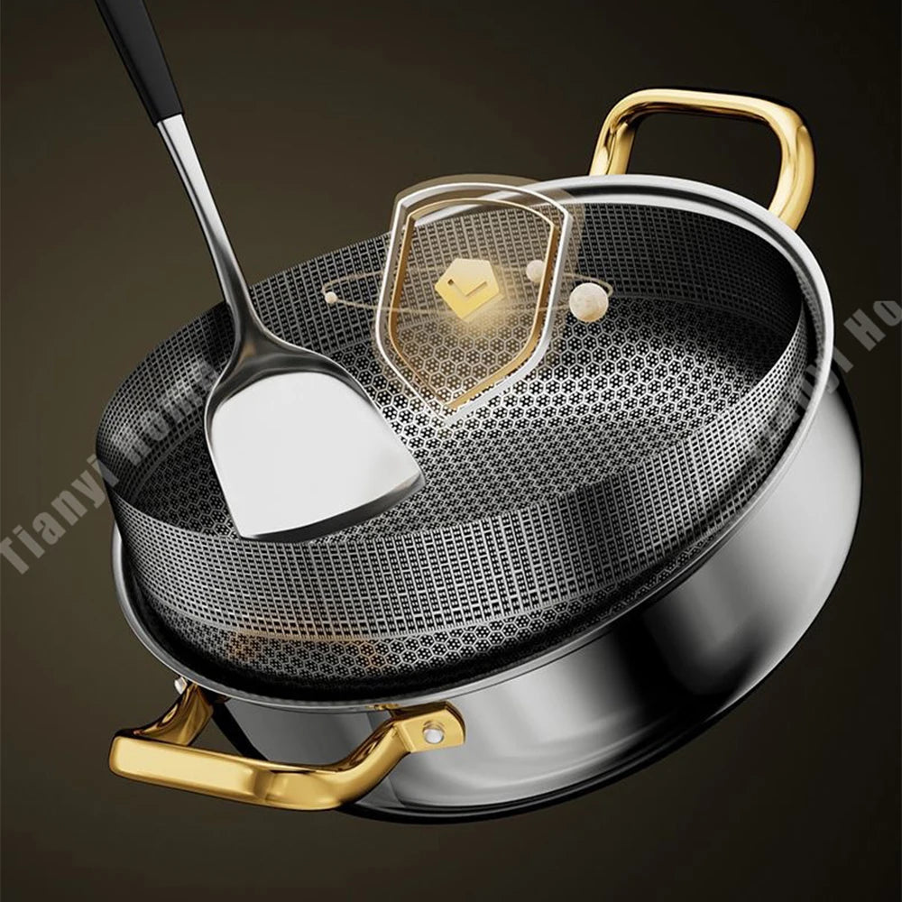 30cm Stainless Steel Frying Pan Non-stick Soup Pot wok with lid Home Honeycomb Induction Cooker Gas Stove Stew Kitchen Cookware
