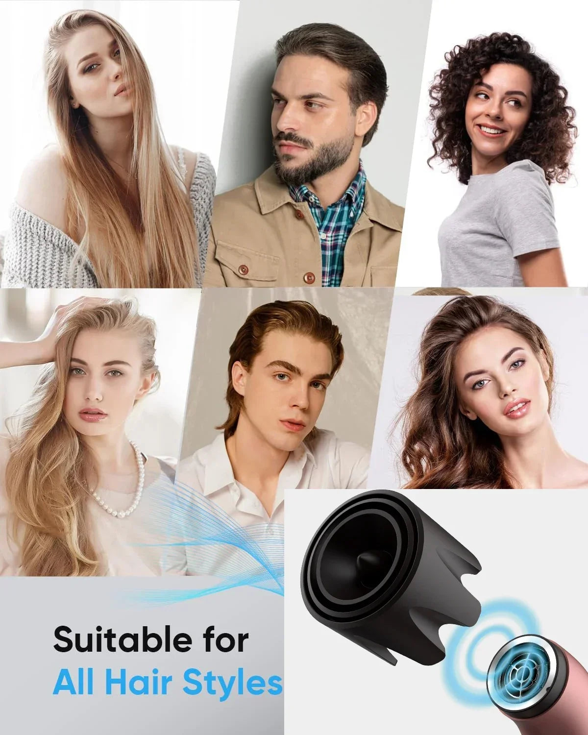 Hair dryer, 1400W high power, quick drying, lightweight body, low noise, comes with multiple types of air nozzles.