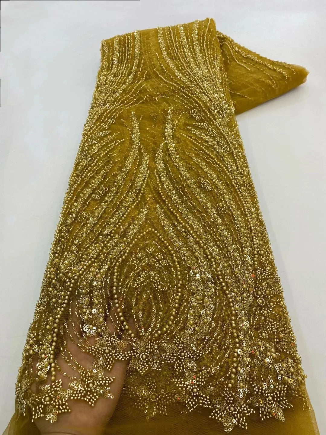 Nav Blue Sequin Luxury Beads Lace African 2025 High Quality 5 Yards Handmade Sequins Fabric Nigeria For Evening Party Wedding