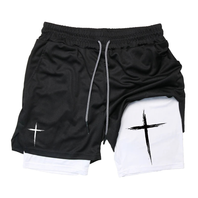 Men's Cross Print 2 in 1 Performance Shorts with Phone Pocket